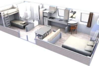 Plan 3D du mobil-home Optiméo 4 personnes accessibles aux personnes à mobilité réduite - Agrandir l'image 8 sur 8, fenêtre modale
